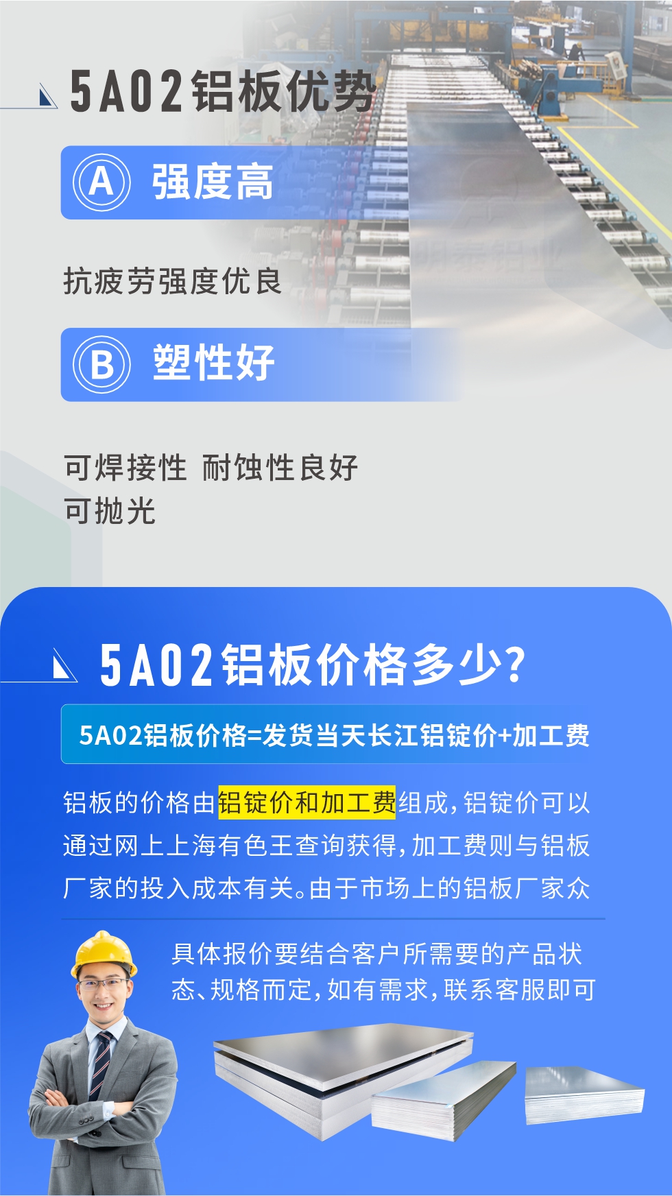 5A02產品優勢:強度高、抗疲勞強度優良、塑性好、可焊接性、耐蝕性良好、可拋光。5A02鋁板價格多少？5A02鋁板價格=發貨當天長江鋁錠價+加工費；
鋁板的價格由鋁錠價和加工費組成，鋁錠價可以通過網上上海有色王查詢獲得，加工費則與鋁板廠家的投入成本有關。由于市場上的鋁板廠家眾多，再加上5a05鋁板具有不同的狀態和規格，每個廠家、每個狀態的報價也都是不一樣的。具體報價要結合客戶所需要的產品狀態、規格而定，如有需求，聯系客服即可安排業務經理為您報價。點擊在線咨詢。

