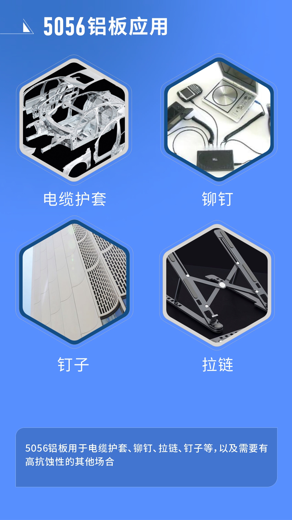 市場應(yīng)用
　　5056鋁板用于電纜護(hù)套、鉚釘、拉鏈、釘子等，以及需要有高抗蝕性的其他場合。
　　5056鋁板生產(chǎn)廠家
　　明泰鋁業(yè)支持定做，為用戶合理推薦更合理產(chǎn)品規(guī)格，并提供優(yōu)惠報(bào)價(jià)，讓您選購無憂。
　　明泰鋁業(yè)是一家集科研、加工、制造為一體的大型現(xiàn)代化鋁加工企業(yè)。公司可生產(chǎn)1-8系鋁板帶箔產(chǎn)品，規(guī)格齊全。