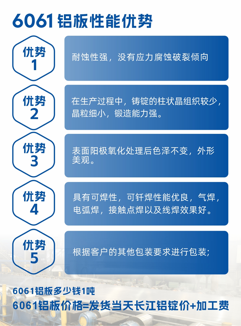 明泰鋁業6061鋁板性能優勢

　　1、耐蝕性強，沒有應力腐蝕破裂傾向。

　　2、在生產過程中，鑄錠的柱狀晶組織較少，晶粒細小，鍛造能力強。

　　3、表面陽極氧化處理后色澤不變，外形美觀。

4、具有可焊性，可釬焊性能優良，氣焊，電弧焊，接觸點焊以及線焊效果好。