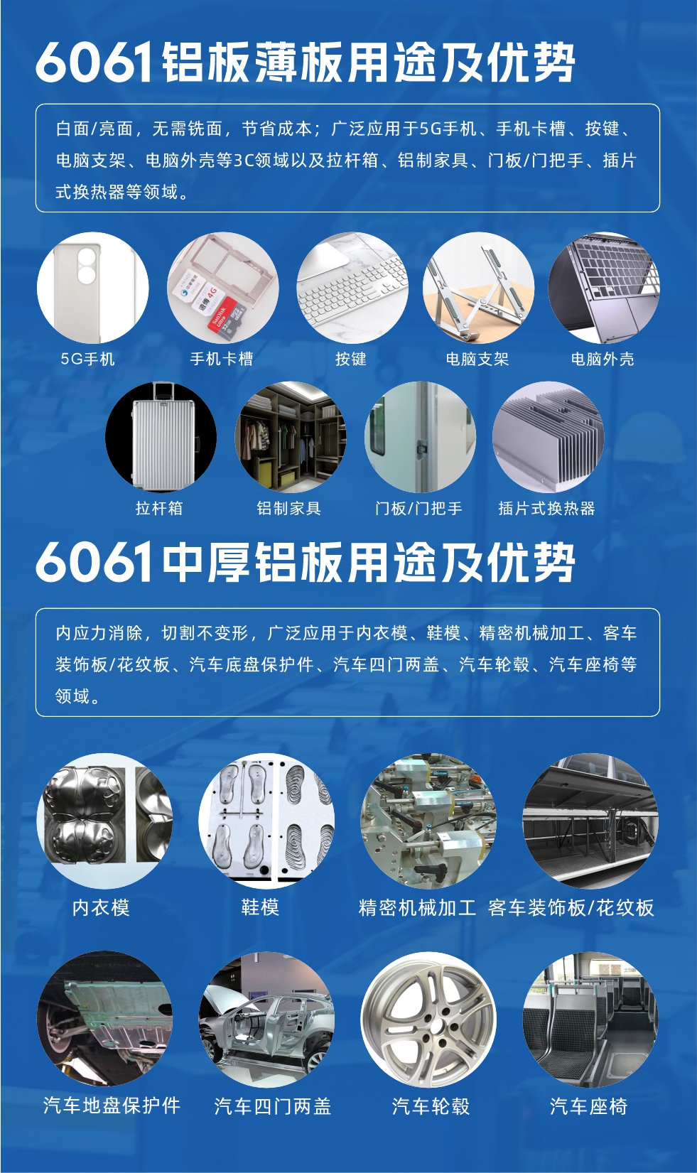 6061鋁板薄板用途及優勢:白面/亮面，無需銑面，節省成本；廣泛應用于5G手機、手機卡槽、按鍵、電腦支架、電腦外殼等3C領域以及拉桿箱、鋁制家具、門板/門把手、插片式換熱器等領域。
6061中厚鋁板用途及優勢:內應力消除，切割不變形，廣泛應用于內衣模、鞋模、精密機械加工、客車裝飾板/花紋板、汽車底盤保護件、汽車四門兩蓋、汽車輪轂、汽車座椅等領域。
