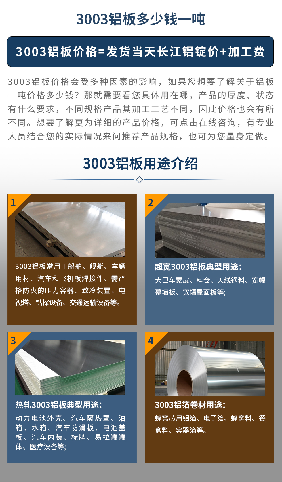 3003鋁板用途介紹
　　3003鋁板常用于船舶、艦艇、車輛用材、汽車和飛機板焊接件、需嚴格防火的壓力容器、致冷裝置、電視塔、鉆探設備、交通運輸設備等。超寬3003鋁板典型用途：大巴車蒙皮、料倉、天線鍋料、寬幅幕墻板、寬幅屋面板等;熱軋3003鋁板典型用途：動力電池外殼、汽車隔熱罩、油箱、水箱、汽車防滑板、電池蓋板、汽車內裝、標牌、易拉罐罐體、醫療設備等;3003鋁箔卷材用途： 蜂窩芯用鋁箔、電子箔、蜂窩料、餐盒料、容器箔等。