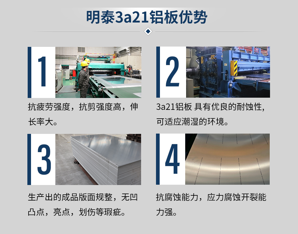 明泰3a21鋁板優勢
　　1、抗疲勞強度，抗剪強度高，伸長率大。
　　2、3a21鋁板 具有優良的耐蝕性,可適應潮濕的環境。
　　3、 生產出的成品版面規整，無凹凸點，亮點，劃傷等瑕疵。
　　4、抗腐蝕能力，應力腐蝕開裂能力強。